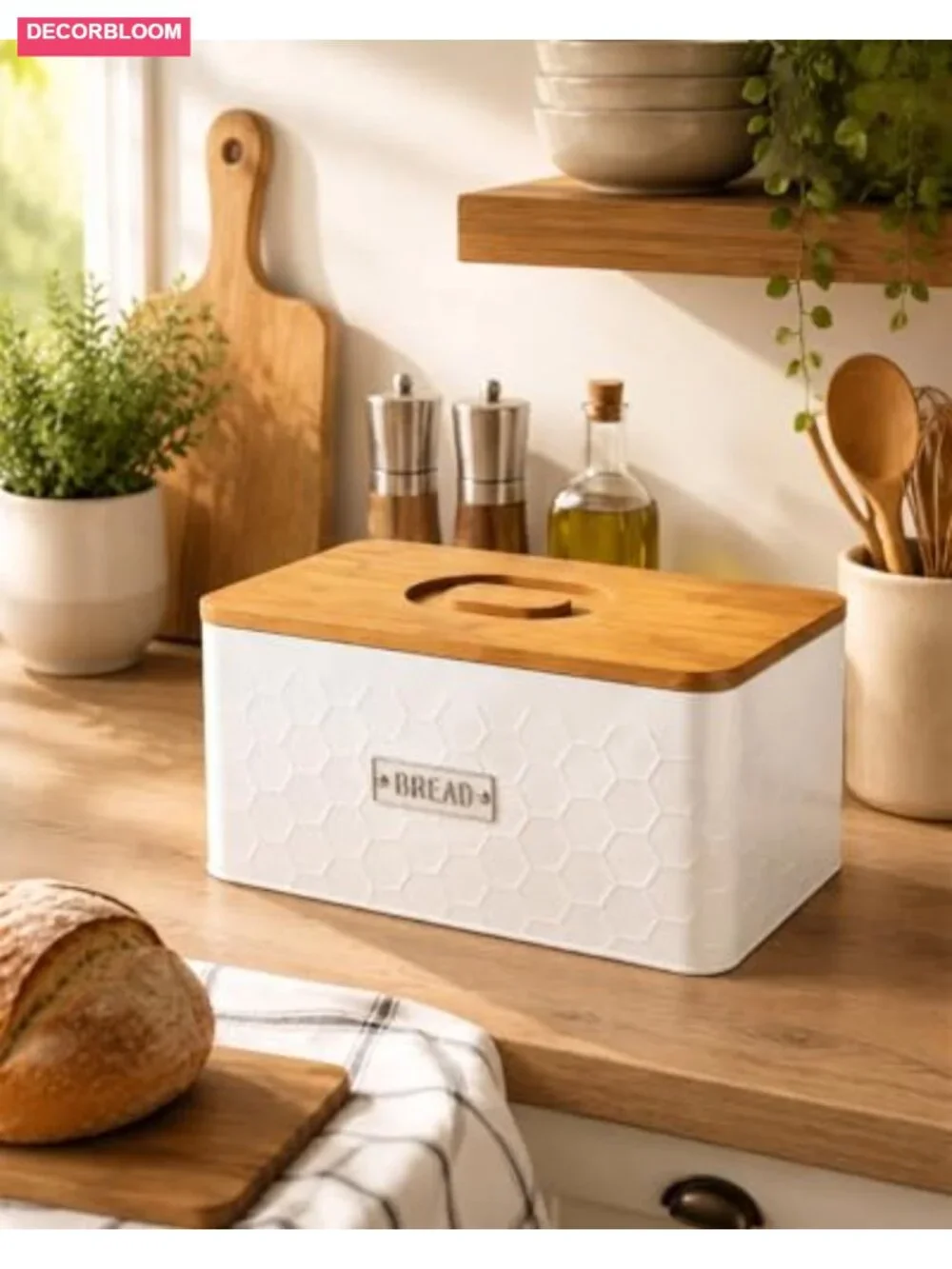 White Metal Bread Box with Bamboo Cutting Board Lid